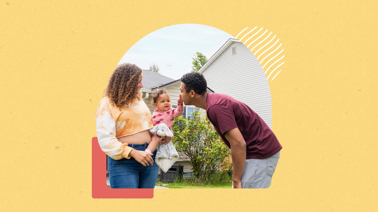 Illustrated graphic a woman holding a toddler. The toddler is 'boop'ing a mans nose.
