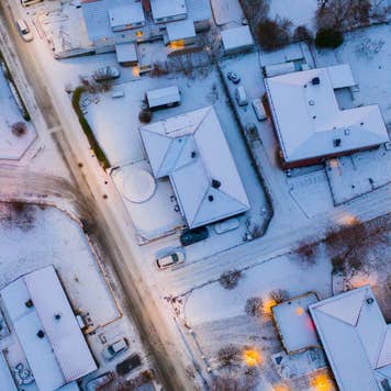 Aerial image of a town during the winter