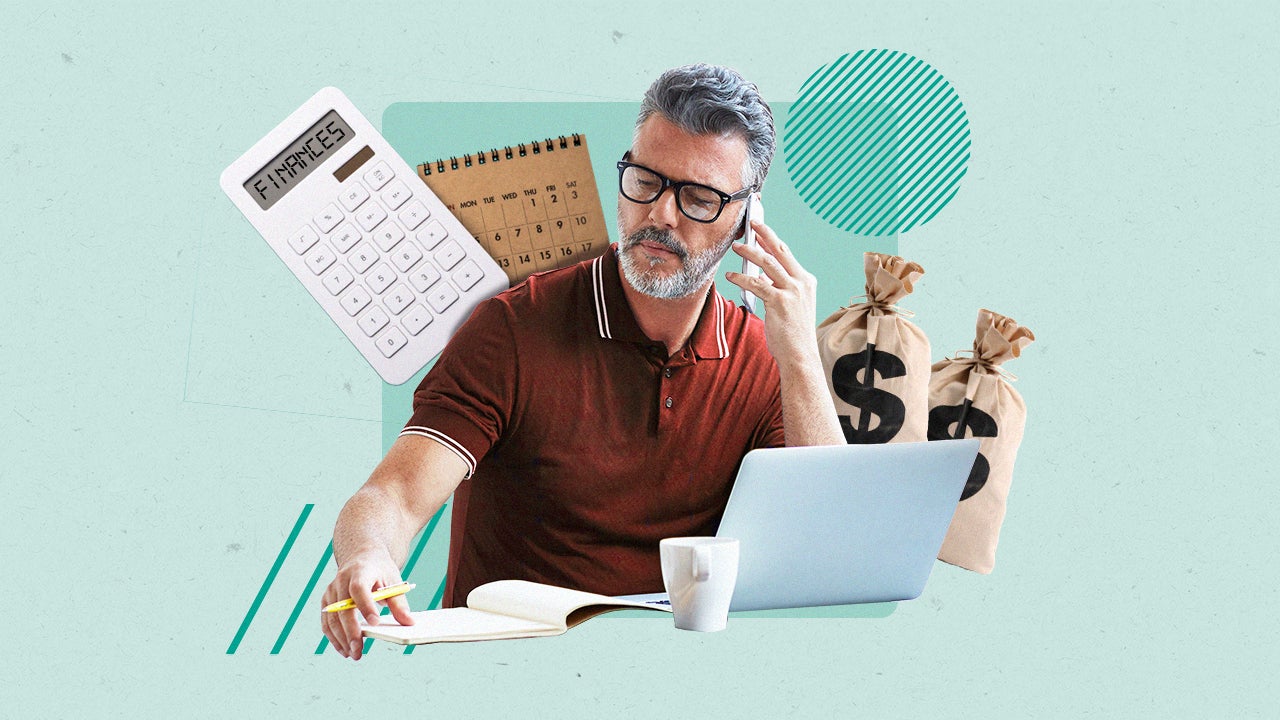 A man reviewing papers while on the phone with illustrated calculator behind him